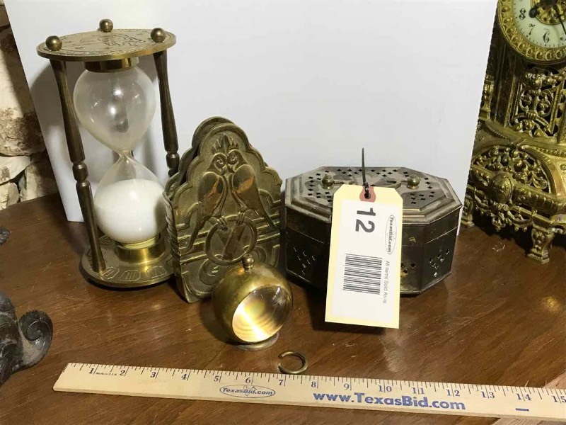 lot 12 image: Brass  Clock, Hour Glass, Box, Vase