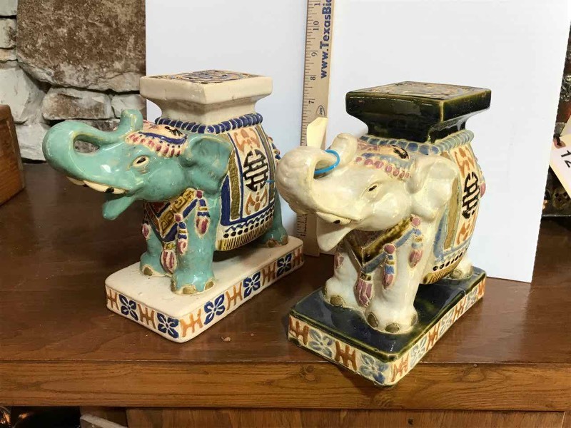 lot 14 image: (2) Small Glazed Ceramic Elephants, Tissue Box Cover, Candlestick
