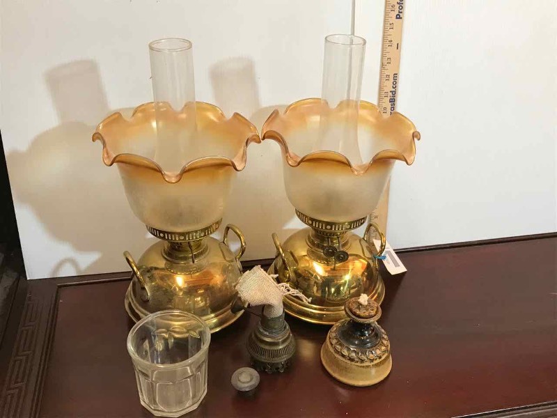 lot 17 image: (3) Oil Lamps  Brass, Pottery, Part