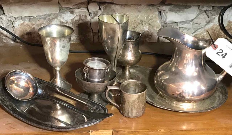 lot 24 image: Asst. Silver Plate  Cups, Pitcher, Platters, Etc.