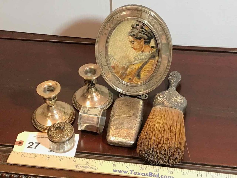lot 27 image: Sterling  Brush, Jar, Picture Frame, Weighted Candle Sticks