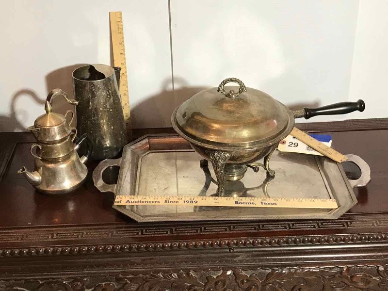 lot 29 image: Chafing Dish, Pitcher, Stacking Tea PotCup, Tray (silver plate)