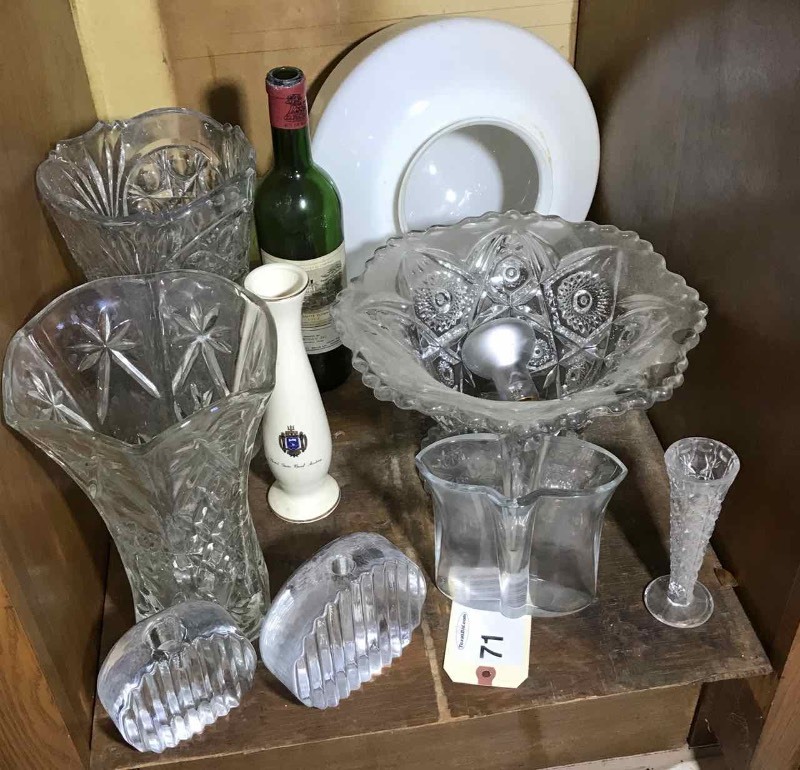 lot 71 image: Pressed Glass Vases, Footed Bowl, Candleholders, Etc.
