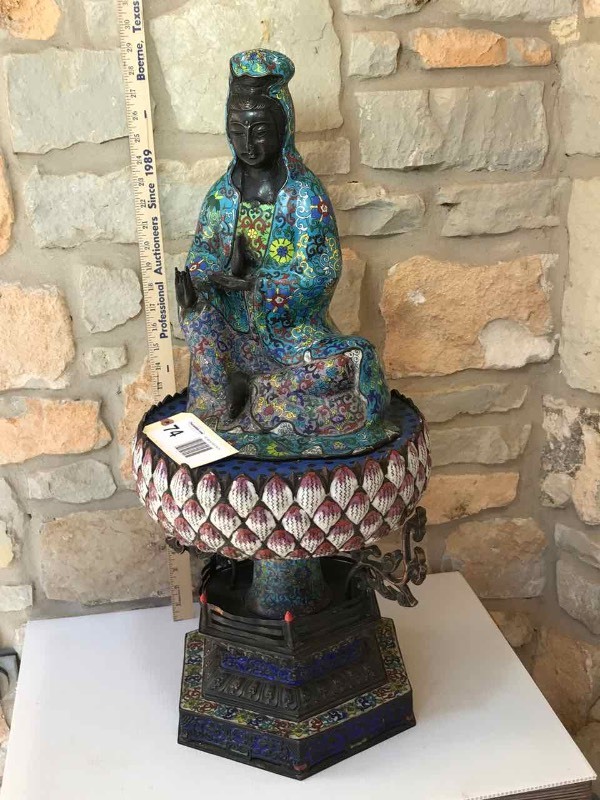 lot 74 image: Cloisonne Quan Yin Circa 1870-1910 Figure on Lotus Stand