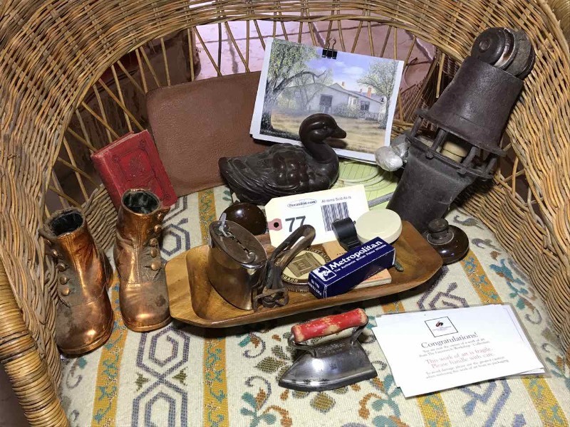lot 77 image: Lady Dover Iron, Fist National Bank Items, Tiny Books, Door Knob, Wall Hook, Etc.