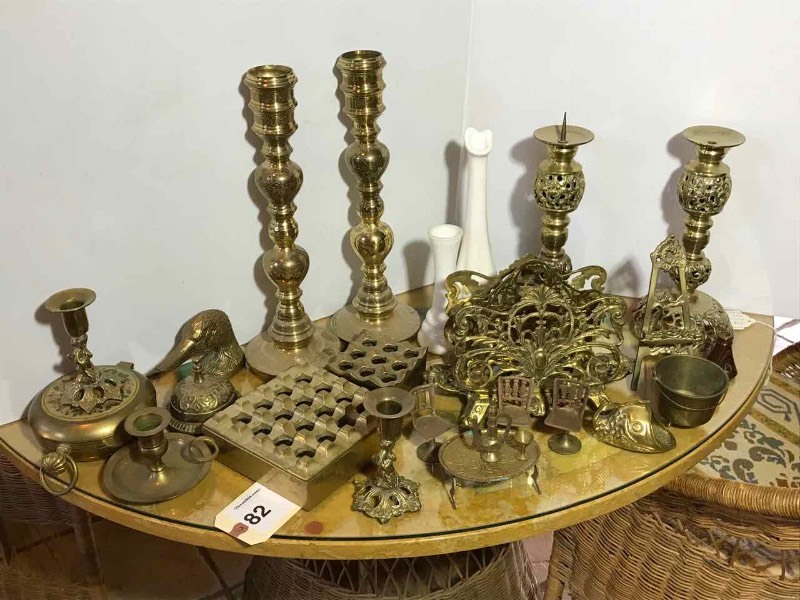 lot 82 image: Brass  Stationary Stand, Bell, Flower Frogs, Candlestick, Small Easel