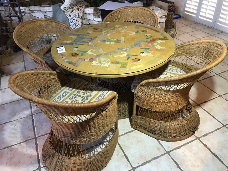 lot 85 image: Scagliola Round Top Table with Wicker Base & 4 Chairs, Impressive Top