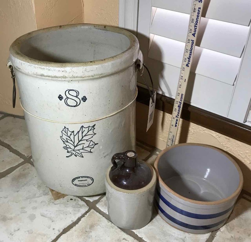 lot 91 image: Stoneware  Large Crock, Jug, Blue Striped Bowl