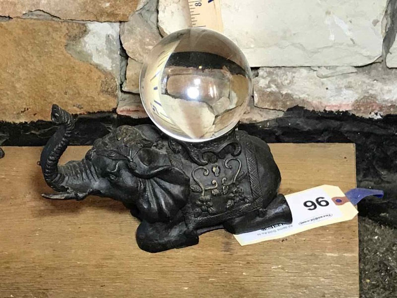 lot 96 image: Cast Metal Elephant with Gazing Ball