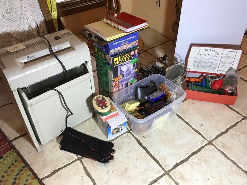 lot 116 image: Easy Money Change Machine, Coin Wrappers, Yardsticks, Shredder, Office Supplies, Magnifying Glass, Etc.