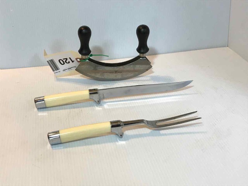 lot 120 image: Carving Set Stainless by Briddell and Rocking Chopper by Zwilling J.A. Henckels Germany