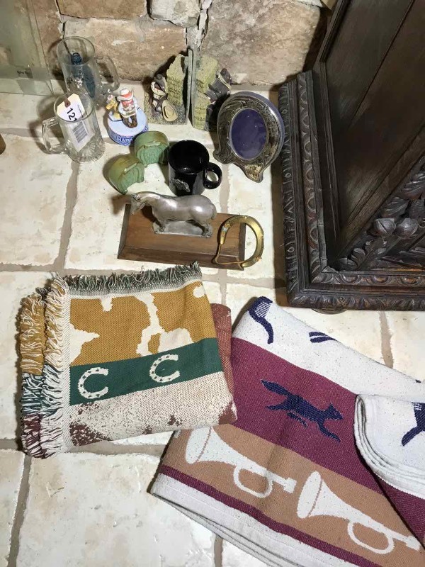 lot 121 image: Horse Mugs, Horse Trophy Topper, Sterling Silver Frame, Book Ends, Lap Throws, Music Box