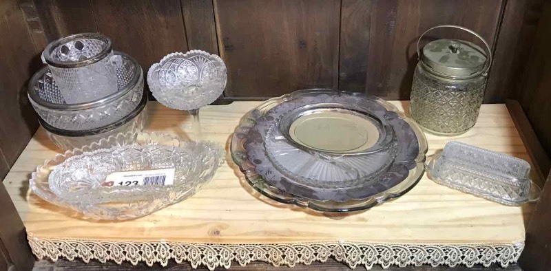 lot 123 image: Serving Platters, Bowls, Butter Dish, Pedestal Nut Dish, Biscuit Jar, Ice Bucket, Etc.