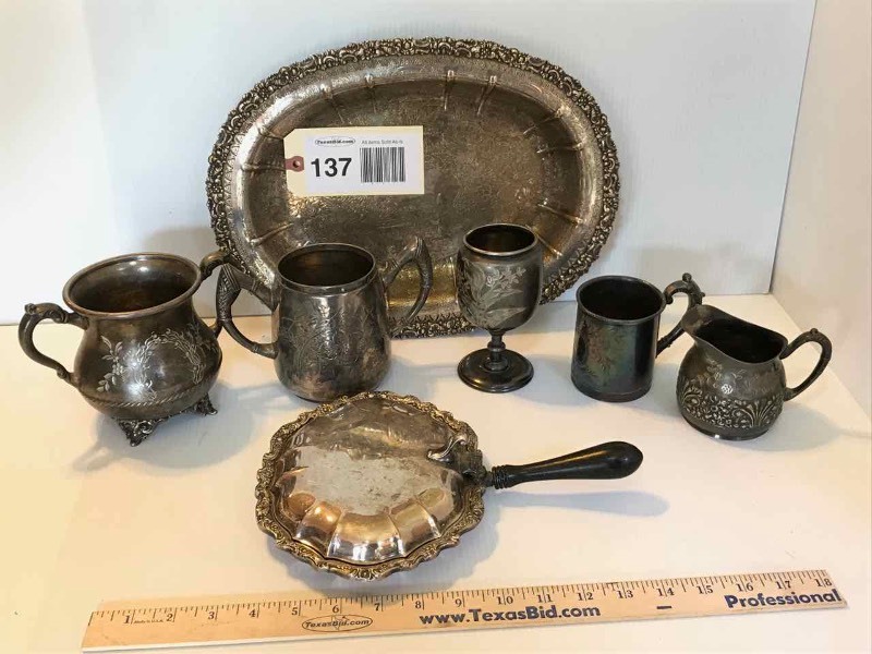 lot 137 image: Barker Brothers Silver Plate Bowl (engraved), Asst. Silver Plate Creamers, Sugars, Cups, Crumb Catcher