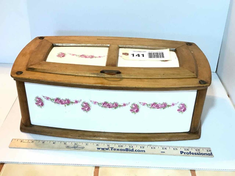 lot 141 image: Antique Porcelain & Wood Bread Box, Pink Roses