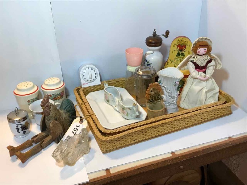 lot 157 image: (2) Wicker Trays, Egg Cup, Sugar Dispenser, Painted Bin, Chopper, Etc.