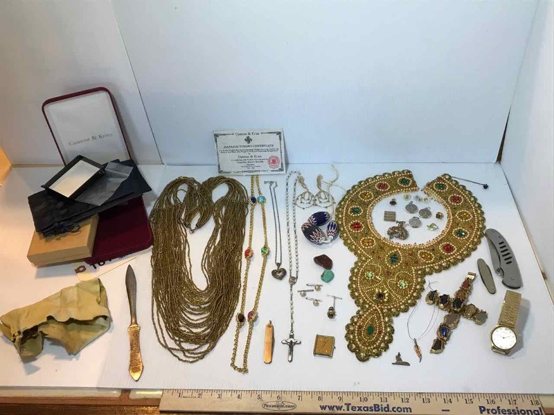 lot 161 image: Asst. Jewelry  Tie Tacks, Cuff Links, Necklaces, Little Pocket Knife, Etc.