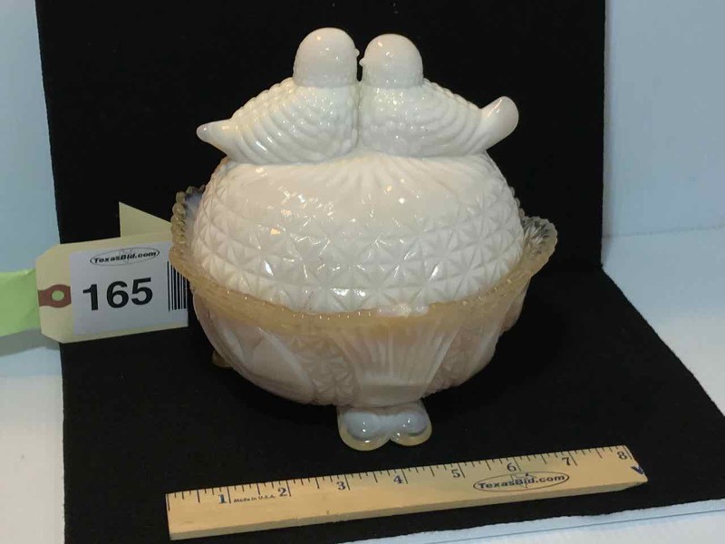 lot 165 image: Antique Lovebirds Slag Glass Footed Covered Candy Dish