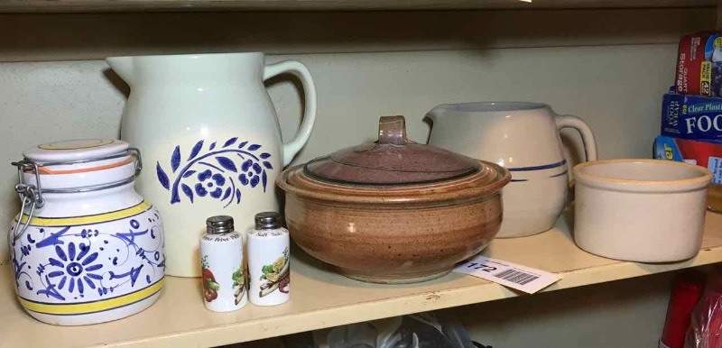 lot 172 image: Stoneware Pitchers, Bowls, Canister, a Salt & Pepper, Pottery Tureen