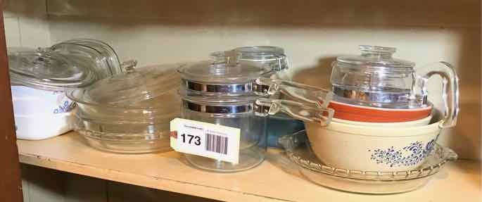 lot 173 image: Glass Cookware, Pyrex Mixing Bowls, Casserole Pans, Etc.