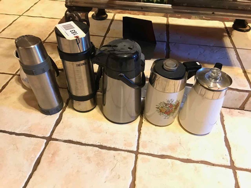 lot 183 image: Coffee Pots, Air Pot Dispenser, (2) Thermos