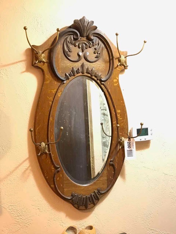 Antique Oak Beveled Mirror with Coat Hooks Callahan Estate Home