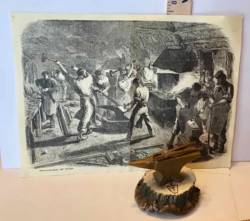 lot 409 image: Miniature Anvil on Elk Horn & a print of a blacksmiths shop