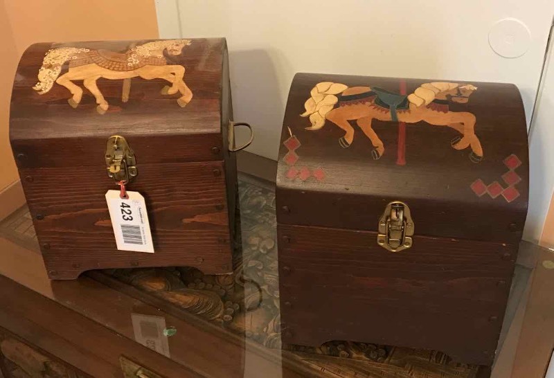 lot 423 image: (2) Painted Pine Wood Chests  Carousel Horses