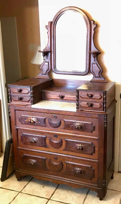 Antique Walnut Marble Top Dresser With Glove Boxes Carved Pulls