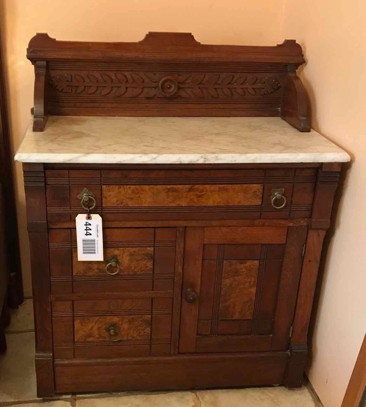 lot 444 image: Antique Eastlake Wash Stand, Burled Walnut, with round dove tails