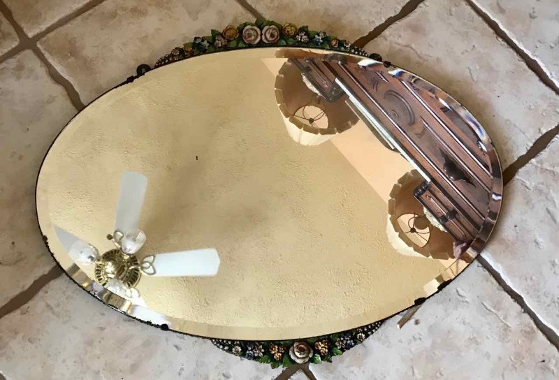 lot 445 image: Antique Oval Beveled Mirror with Floral Crown & Bottom