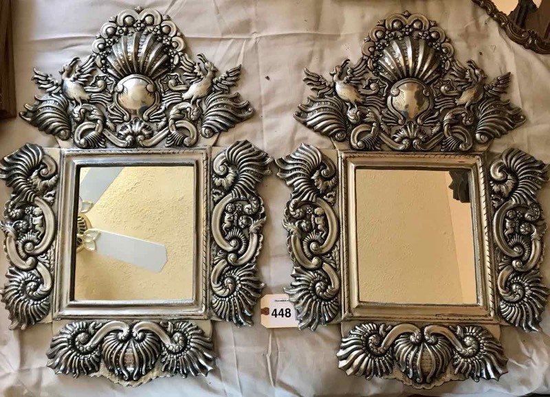 lot 448 image: (2) Pewter Mirror with Images of Shells & Birds