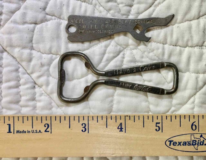 lot 467 image: (2) Old Bottle Openers  Coca Cola & Pool Hall and Soft Drinks