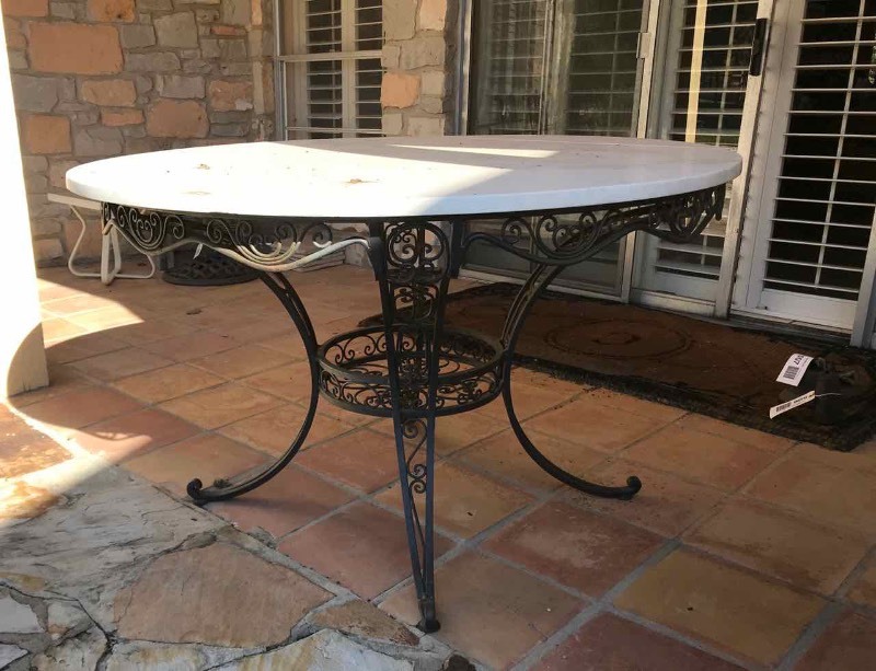 lot 504 image: Round Marble Top Patio Table with 6 Matching Chairs, Wrought Iron