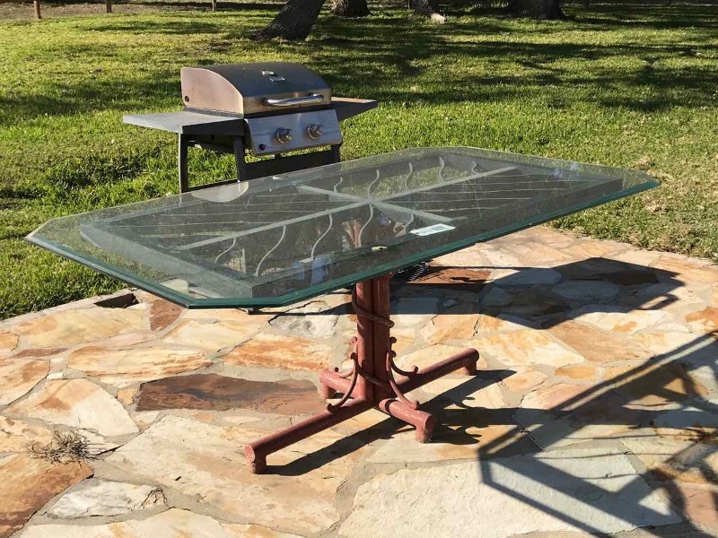 lot 515 image: Glass Top Rectangular Patio Table with Metal Base