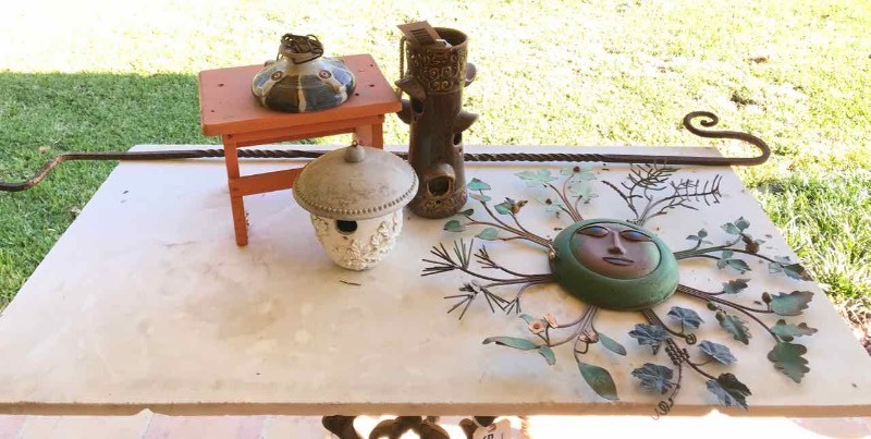lot 527 image: Bird Feeder, Bird House, Step Stool, Metal Sun Face, Hand Wrought Hook
