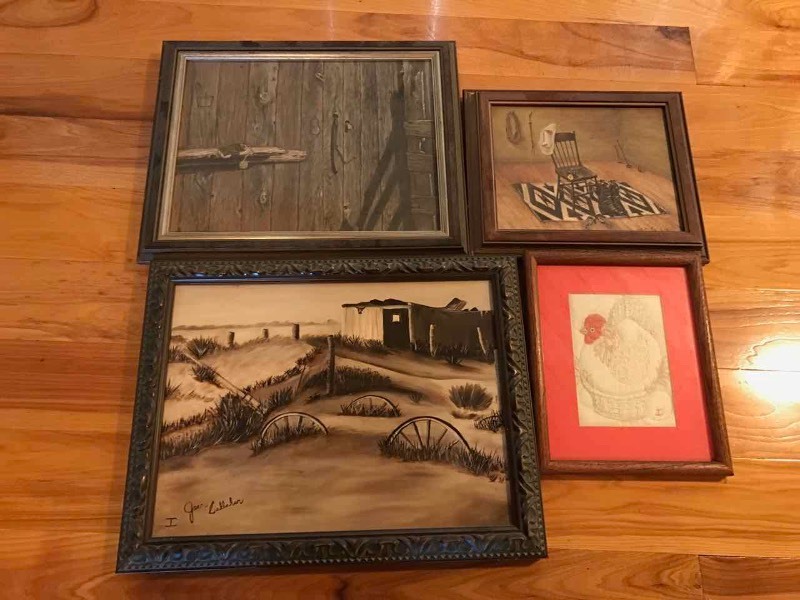 lot 551 image: (4) Original Paintings by Jean Callahan  (1) Stitch Work Chicken, (3) Paintings