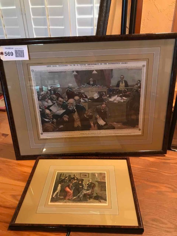 lot 569 image: (2) Framed Prints  Reading The Will & Bankruptcy Court