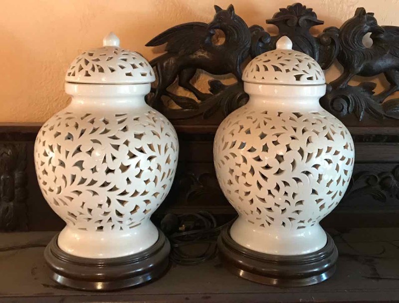 lot 571 image: (2) Jar Lamps  White Glazed Ceramic, Pierced Pattern