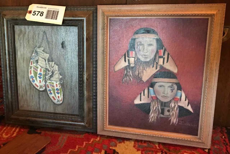 lot 578 image: (2) Original Paintings by Jean Callahan  Beaded Mocassins & Faces
