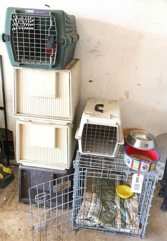 lot 586 image: (3) Pet Crates, Bowls, (3) Plastic Drawers