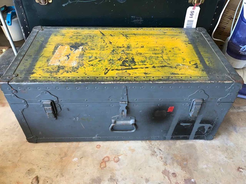 lot 588 image: Trunk  Military 1949 Doehler (gray with yellow paint on top)