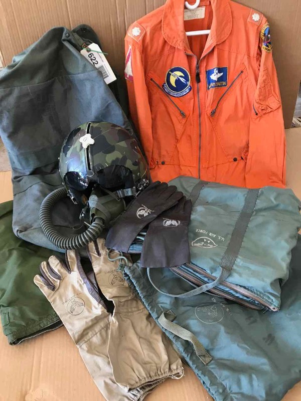 lot 622 image: Military Flight Helmet, (3) Bags, Flying Mans Coverall, Flyers Kit Bag
