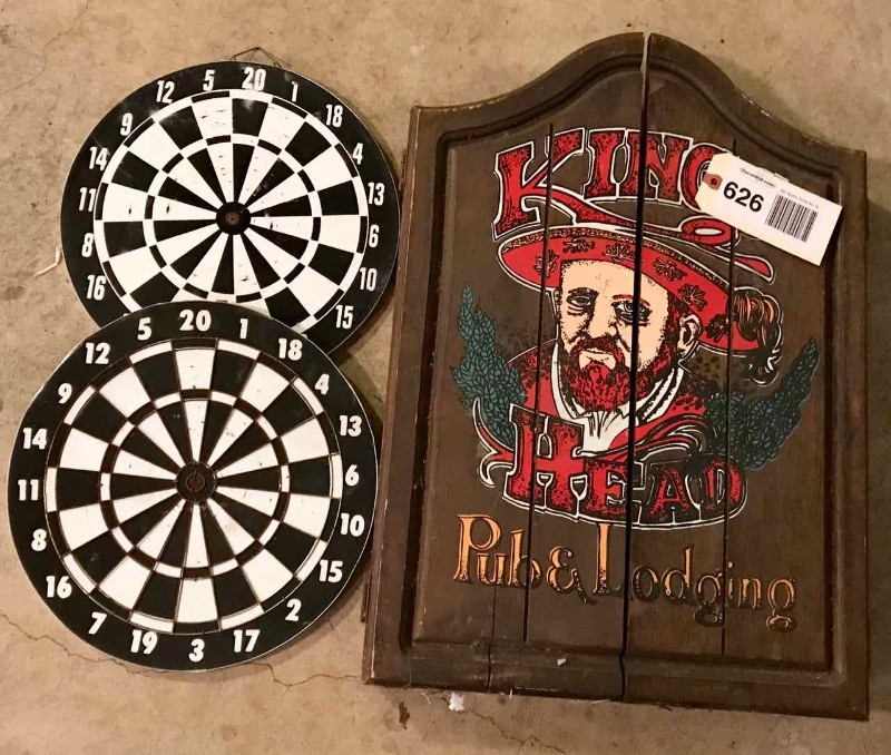lot 626 image: Dart Boards & Pub Cabinet with Darts