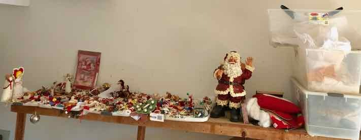 lot 638 image: Christmas Items  7-12 Ft. Pre-Lit Tree in Box, Plastic Santa Figures, Ornaments, Tubs