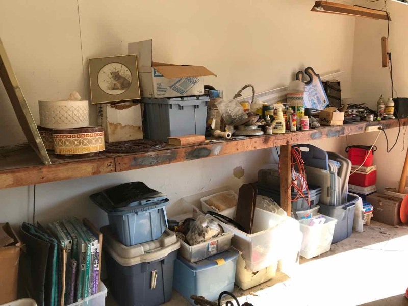 lot 640 image: Contents onbelow Shelf  Storage Tubs, Extension Cords, Vacuum, Ice Chests, Hand Tools, Plumbing Parts, Etc.