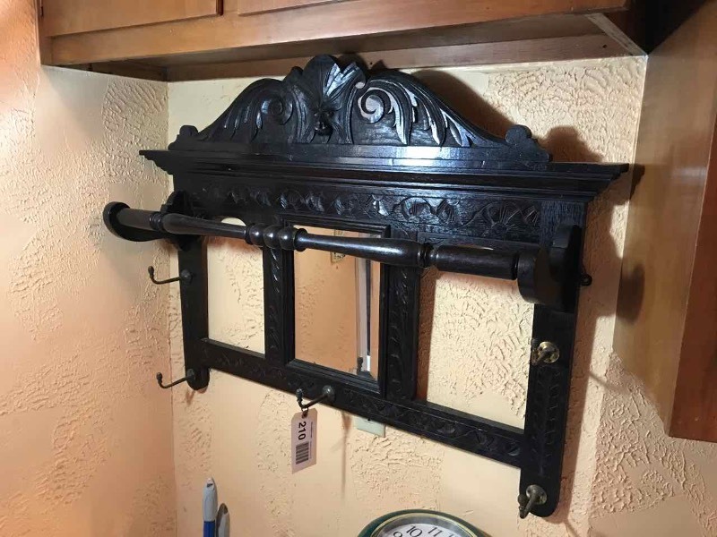 lot 210 image: Antique Carved Beveled Mirror with Towel Bar & Hooks