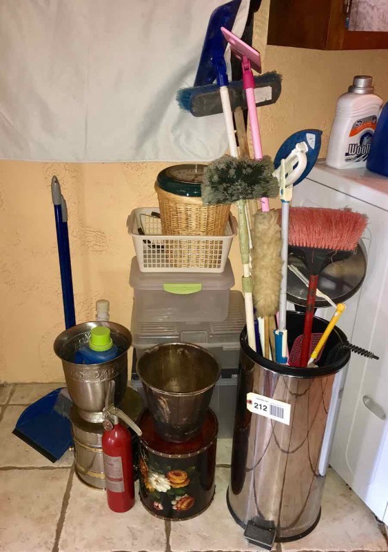 lot 212 image: Trash Cans, Dusters, Broom, Fire Extinguisher, Etc.