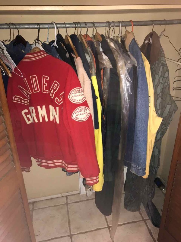 lot 213 image: Closet Contents  Jackets, Coats, Denim Shirts, Coveralls, Etc.