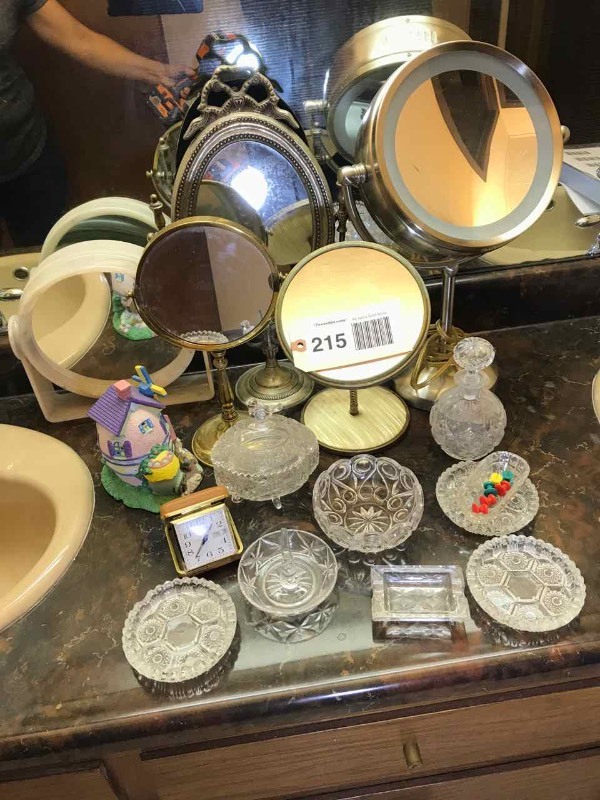 lot 215 image: Asst. Standing Mirrors, Glass Counter Top Trinket Boxes & Bowls, Travel Clock